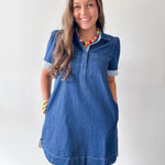 Stripe Contrast Accent Denim Shirt Dress