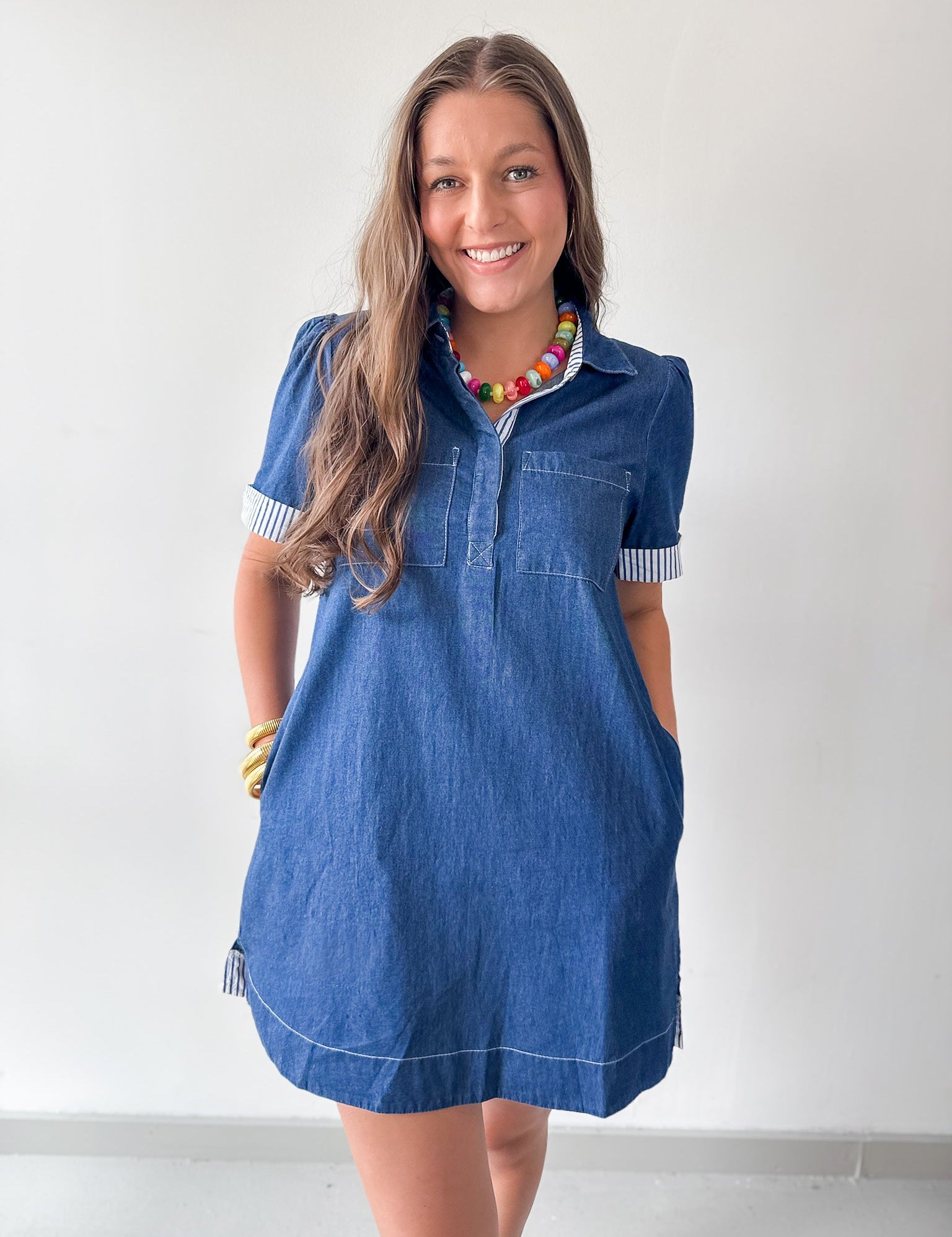 Stripe Contrast Accent Denim Shirt Dress