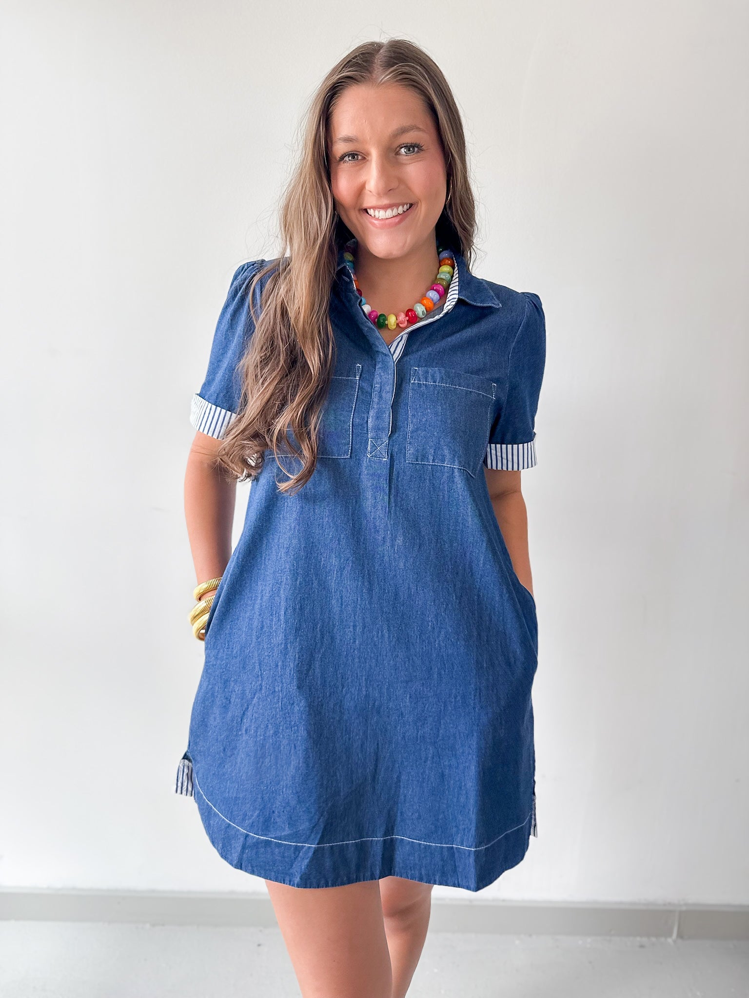 Stripe Contrast Accent Denim Shirt Dress