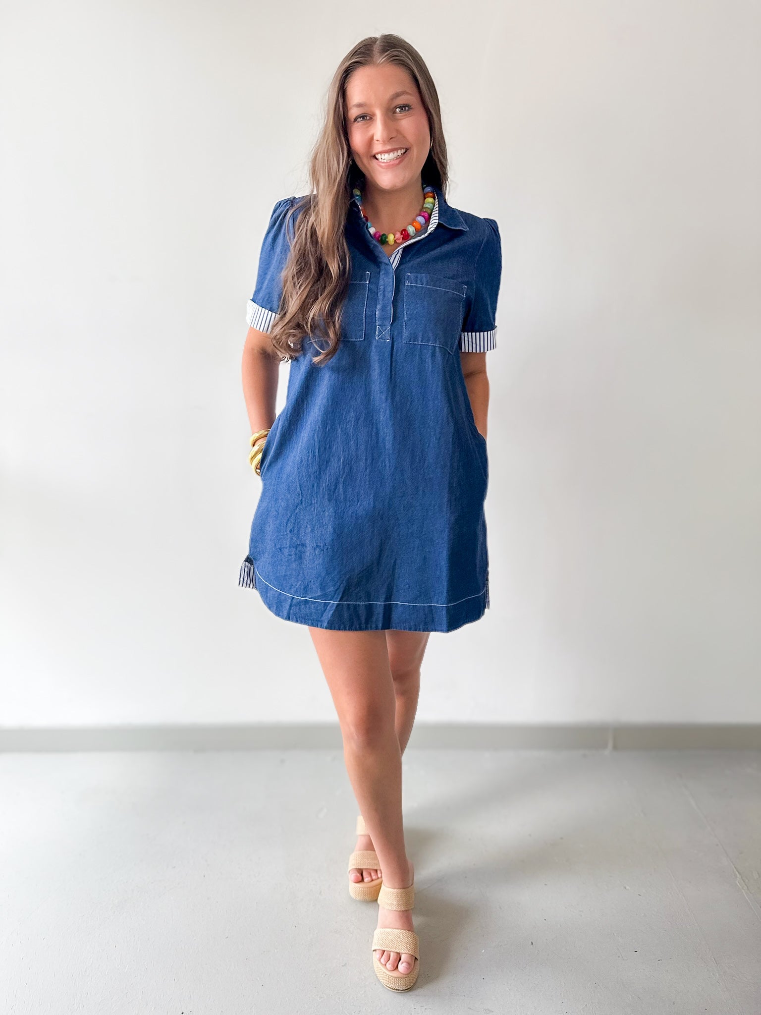 Stripe Contrast Accent Denim Shirt Dress