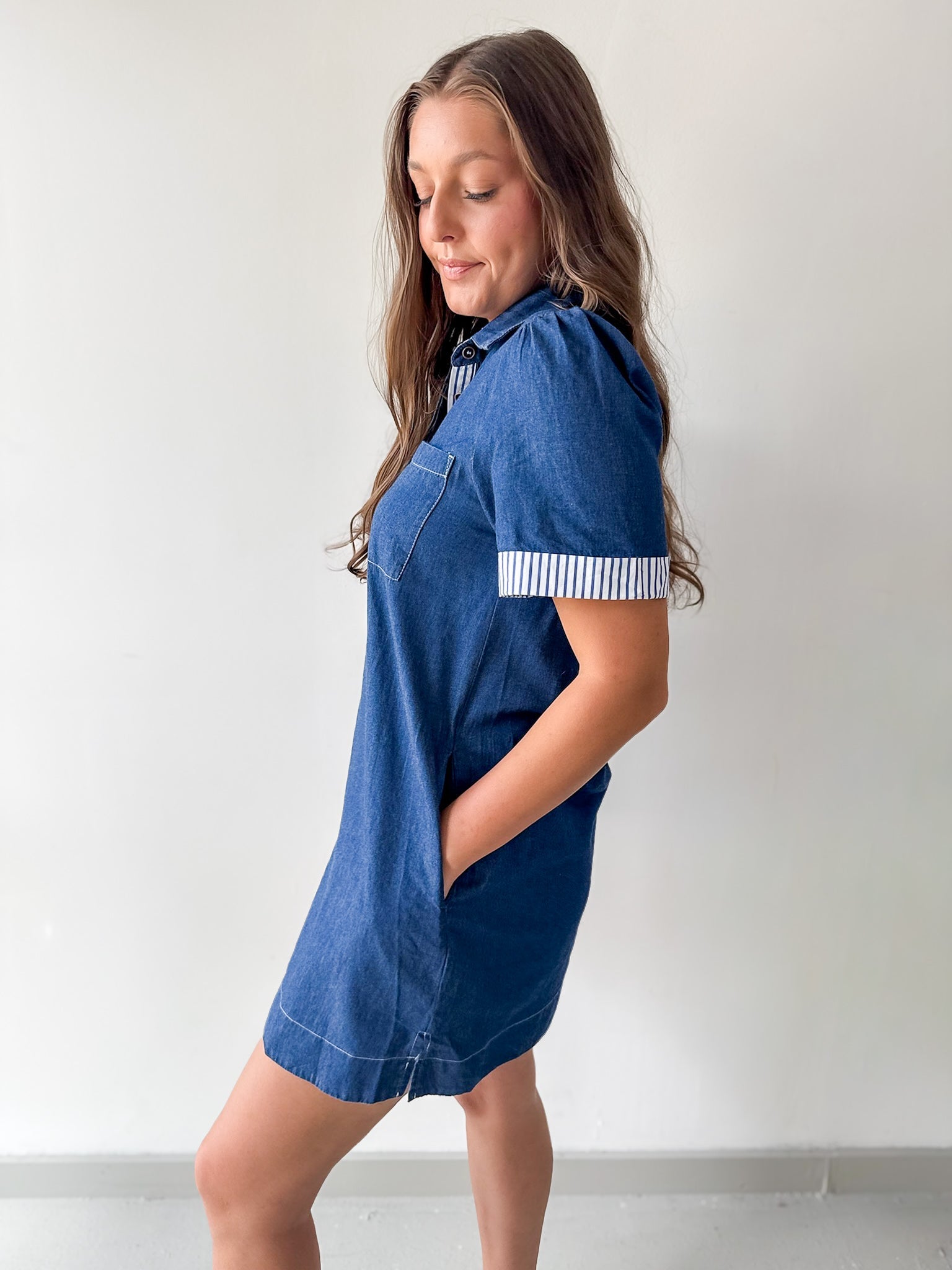 Stripe Contrast Accent Denim Shirt Dress