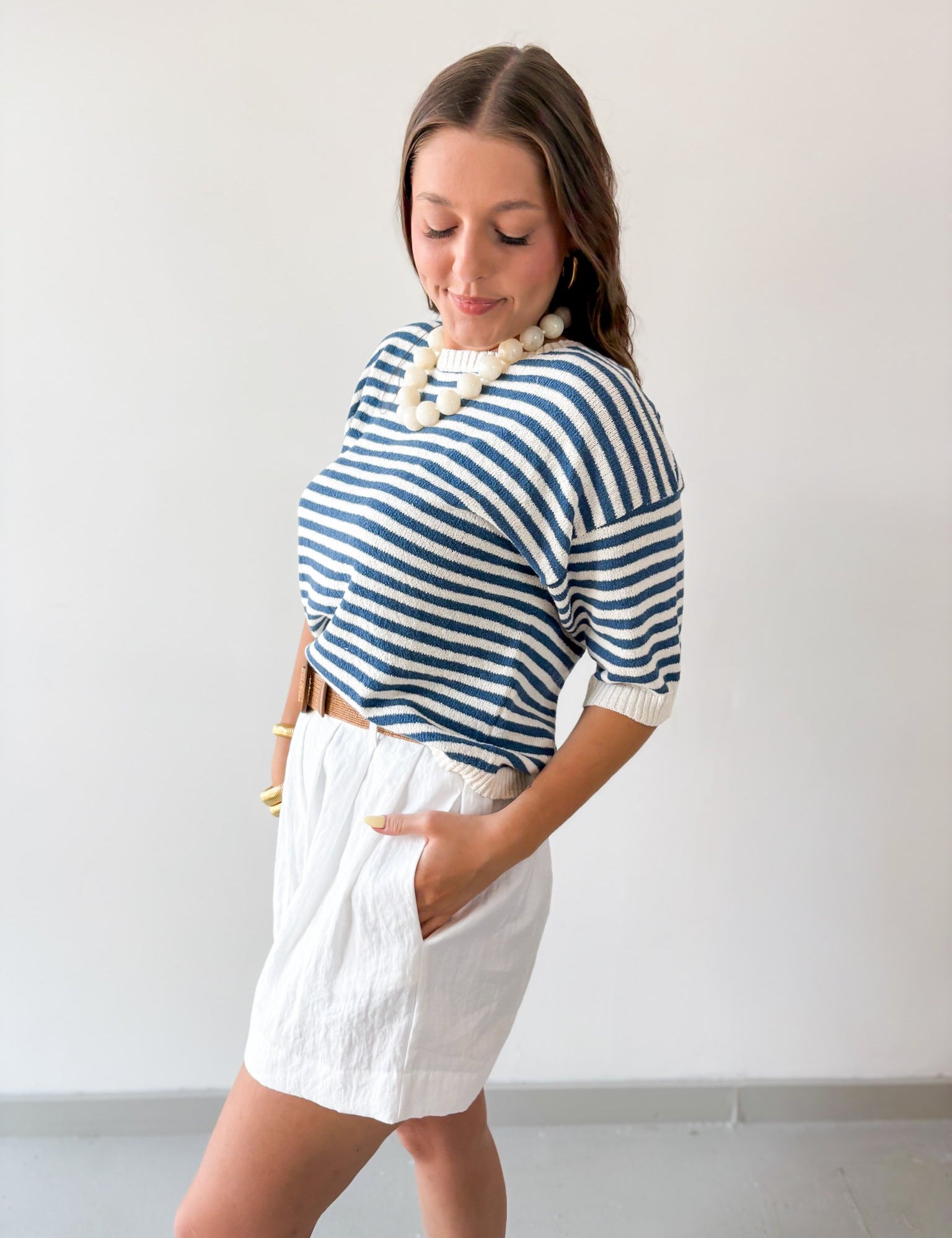 Stripe Contrast Knit Top - Blue