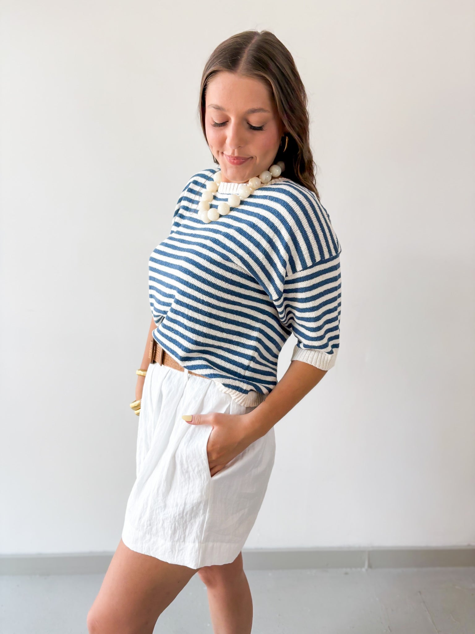 Stripe Contrast Knit Top - Blue