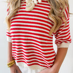 Stripe Contrast Knit Top - Red
