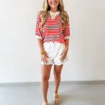 Stripe Contrast Knit Top - Red