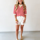 Stripe Contrast Knit Top - Red