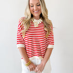 Stripe Contrast Knit Top - Red