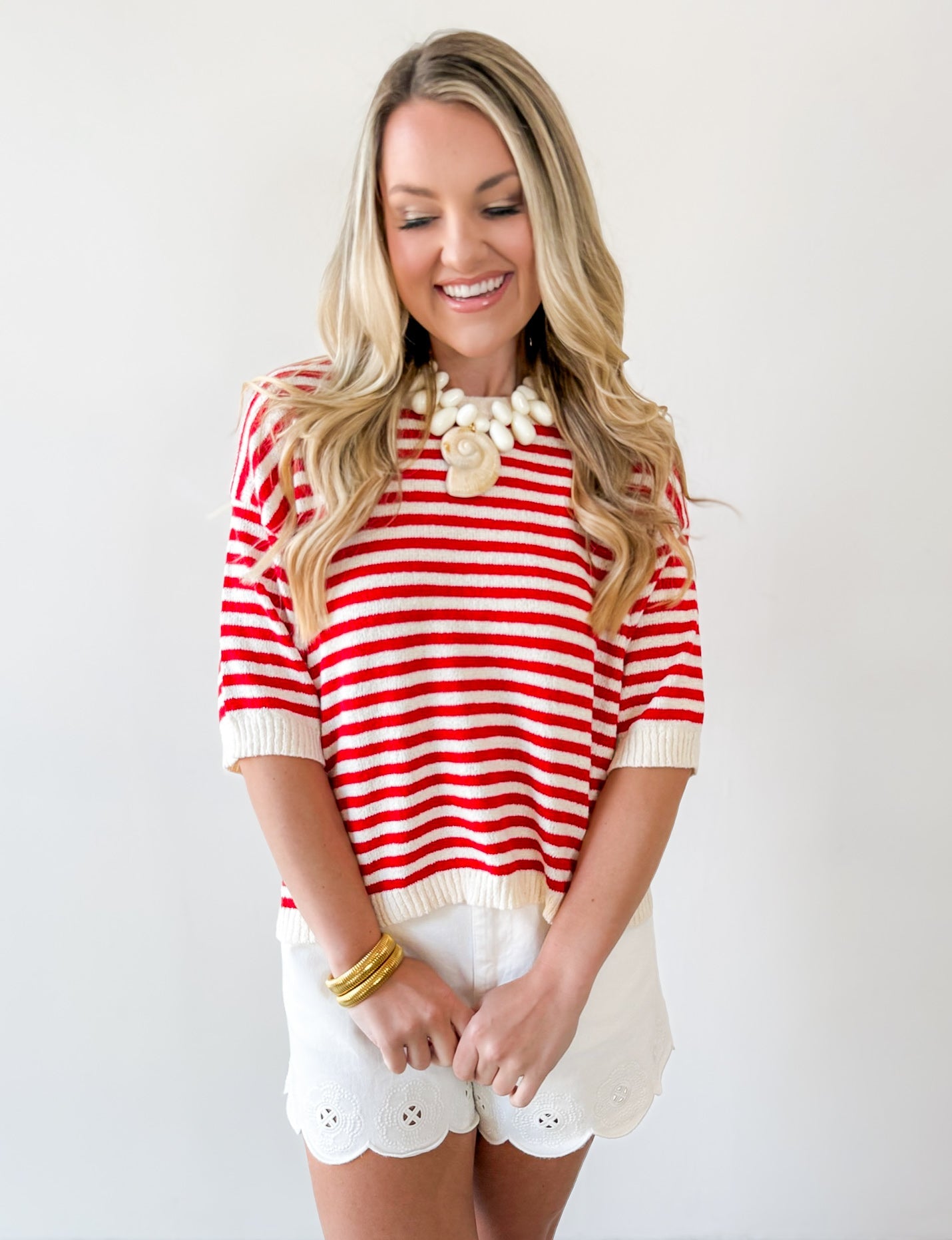Stripe Contrast Knit Top - Red