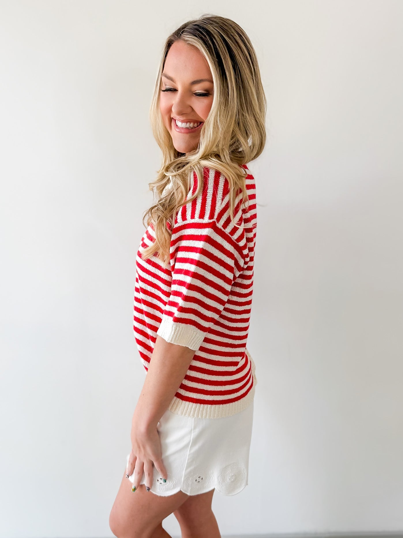 Stripe Contrast Knit Top - Red