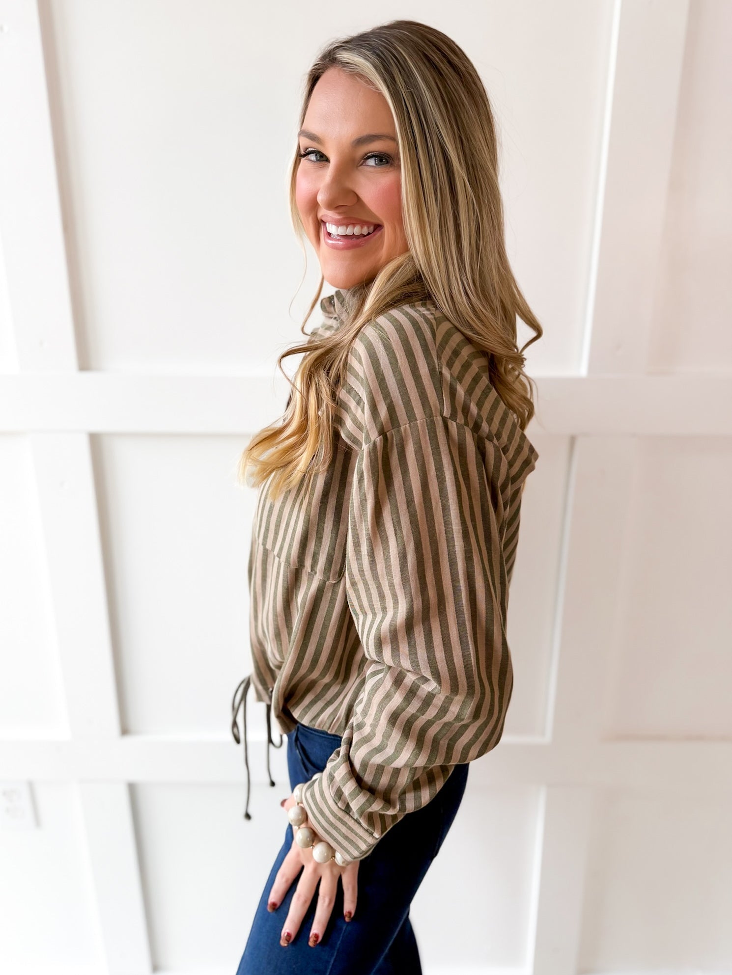 Stripe Drawstring Shirt - Olive