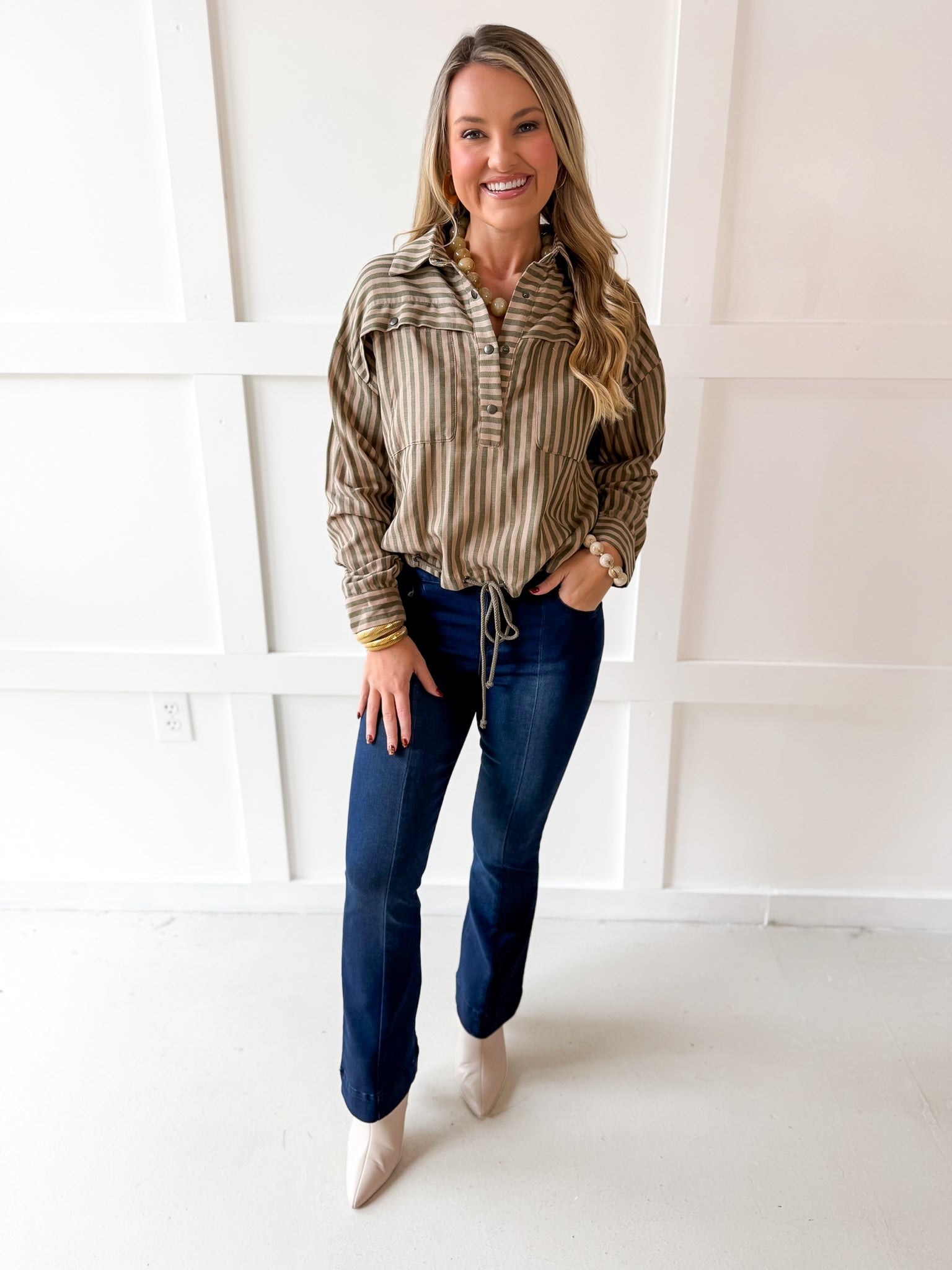 Stripe Drawstring Shirt - Olive
