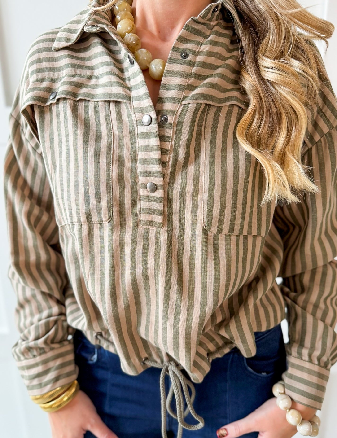 Stripe Drawstring Shirt - Olive