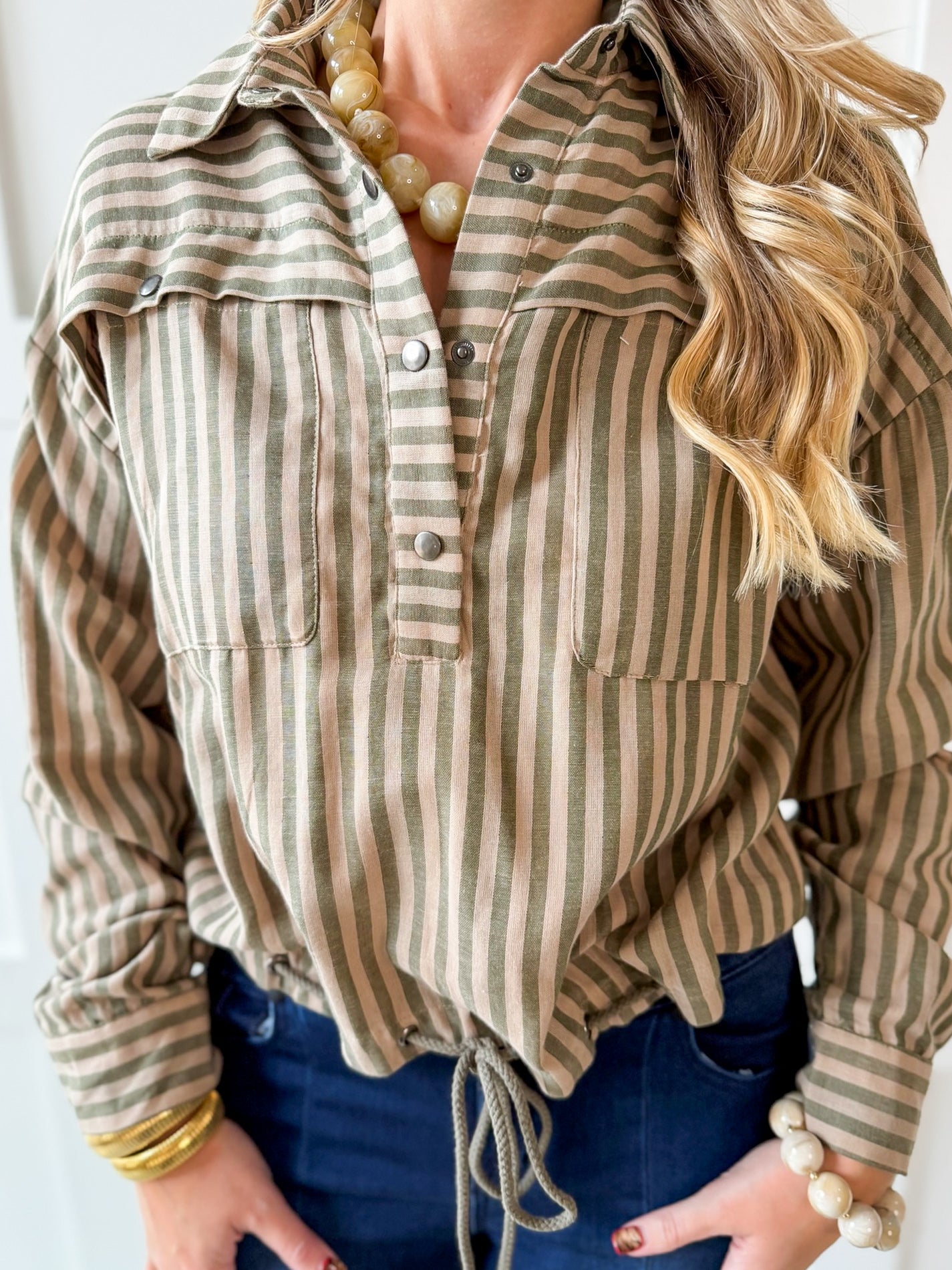 Stripe Drawstring Shirt - Olive