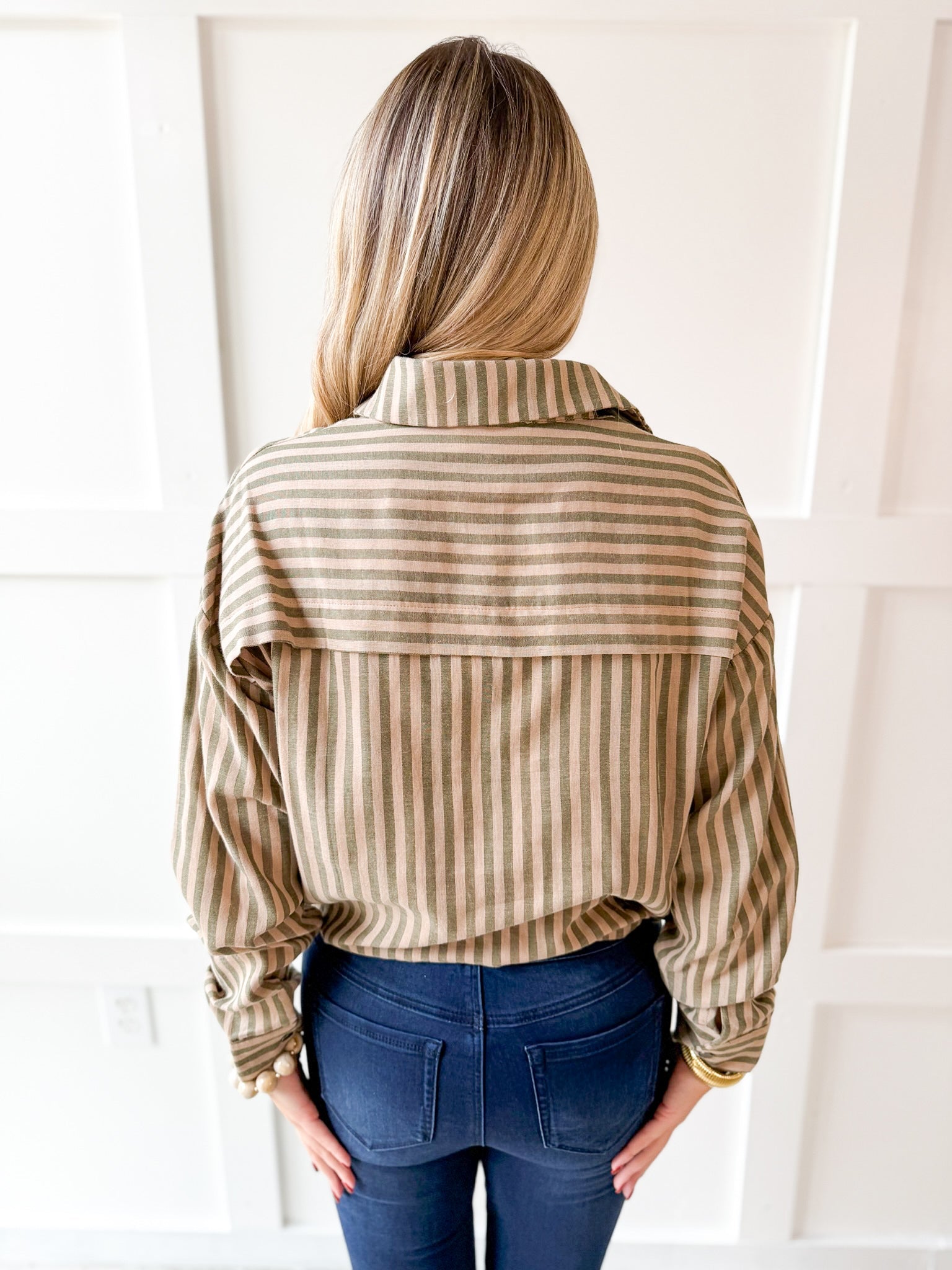 Stripe Drawstring Shirt - Olive