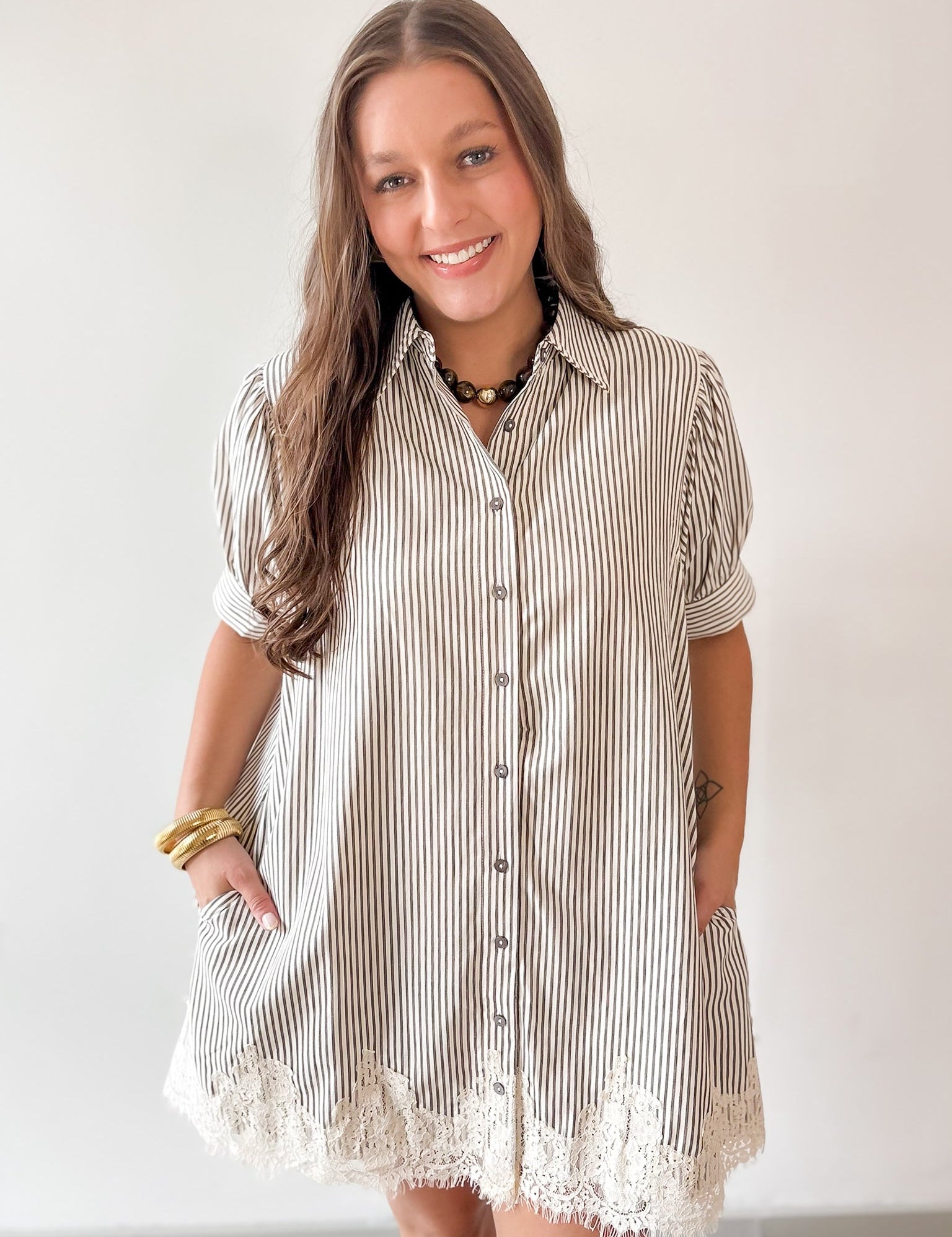 Stripe Dress with Lace Accent Detail Dress