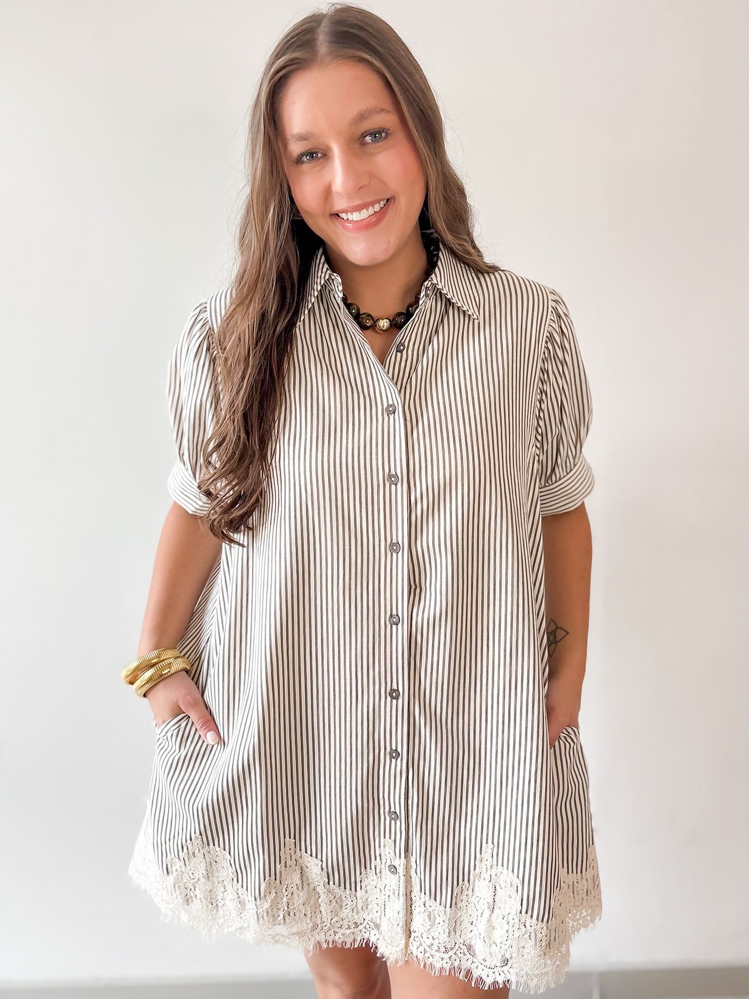 Stripe Dress with Lace Accent Detail Dress