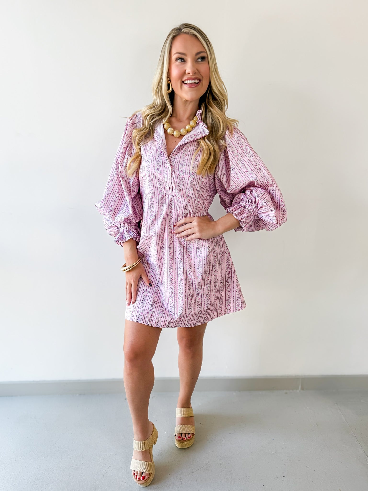 Stripe & Floral Print A-Line Dress
