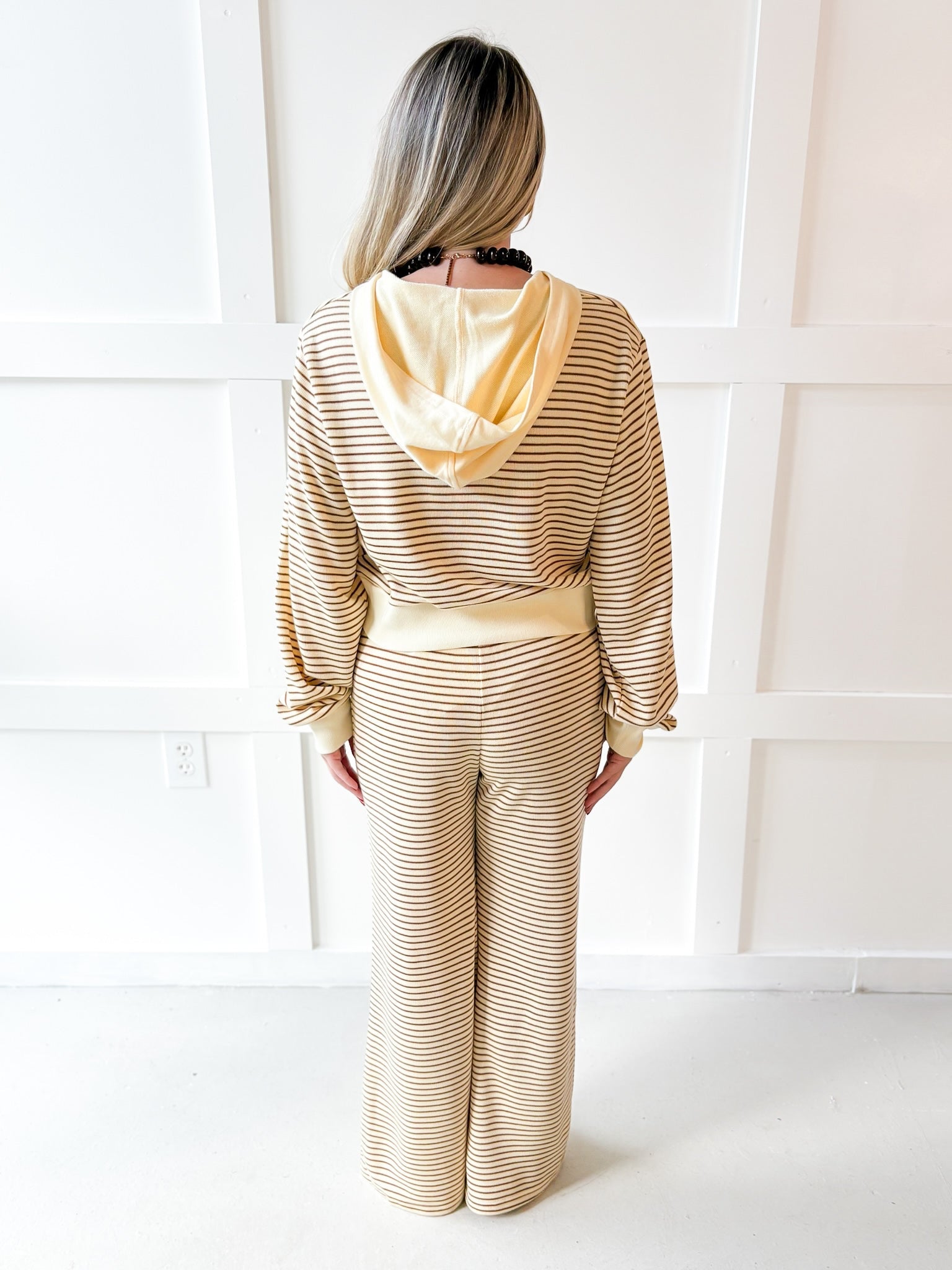 Stripe Hood top & Pant Set - White/Brown