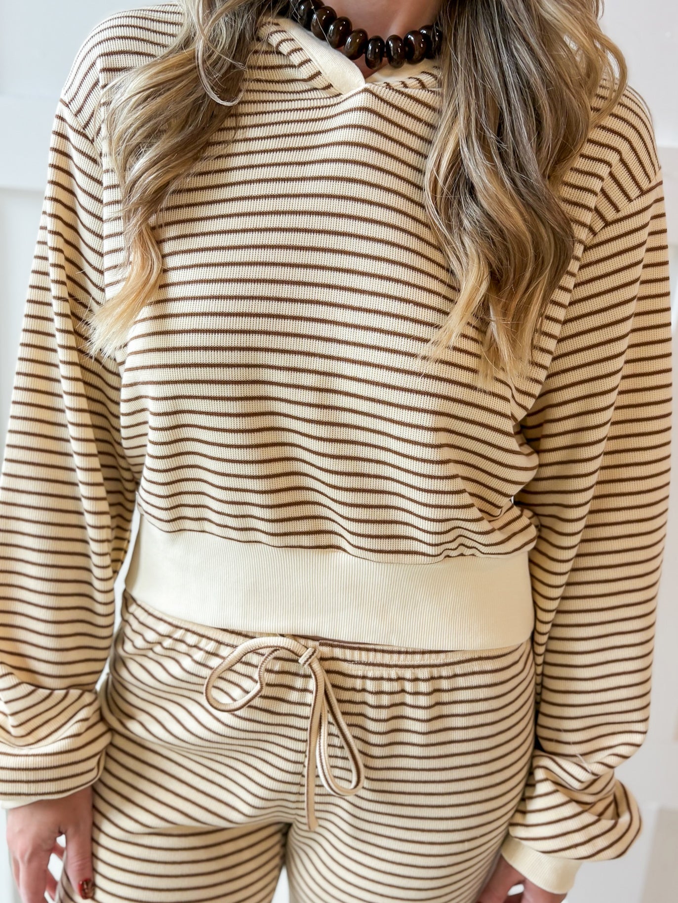 Stripe Hood top & Pant Set - White/Brown
