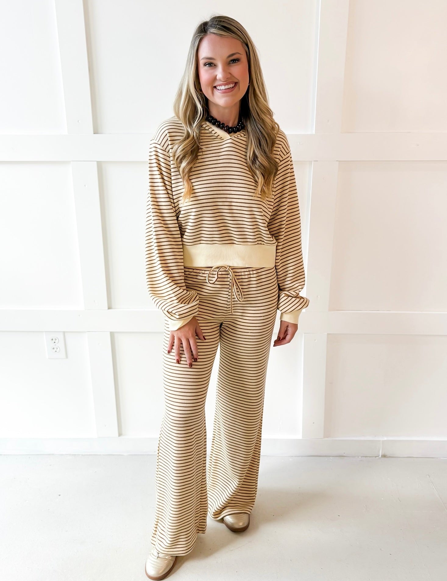 Stripe Hood top & Pant Set - White/Brown