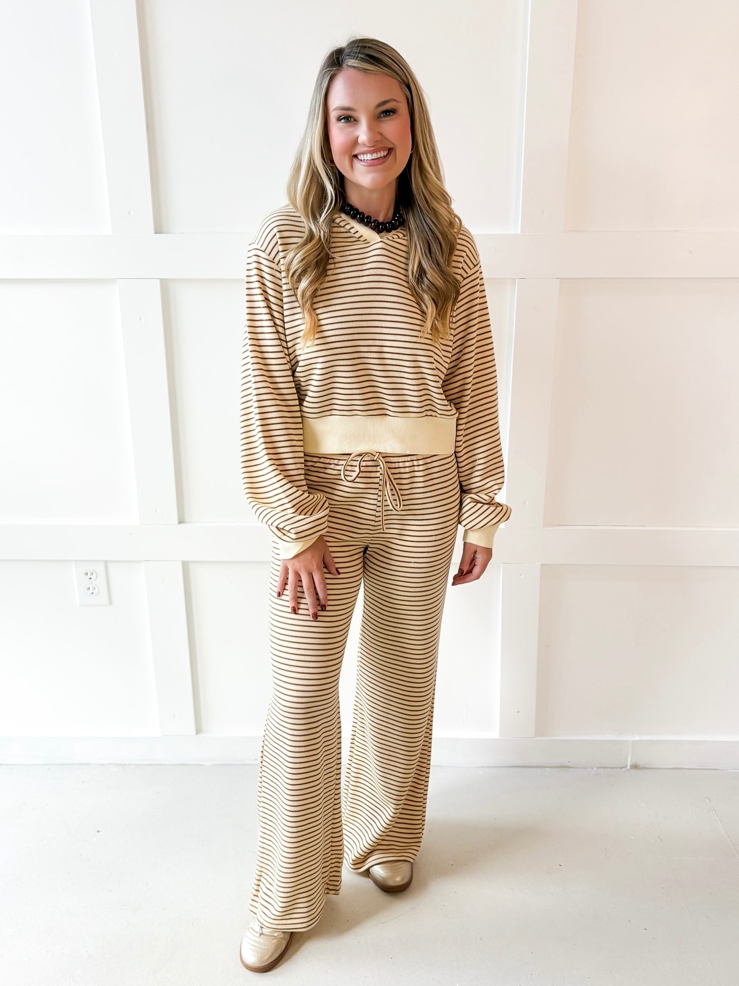 Stripe Hood top & Pant Set - White/Brown