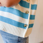 Stripe Knit Accent Gold Button Top - Aqua