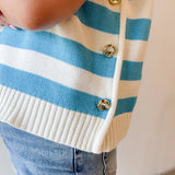 Stripe Knit Accent Gold Button Top - Aqua