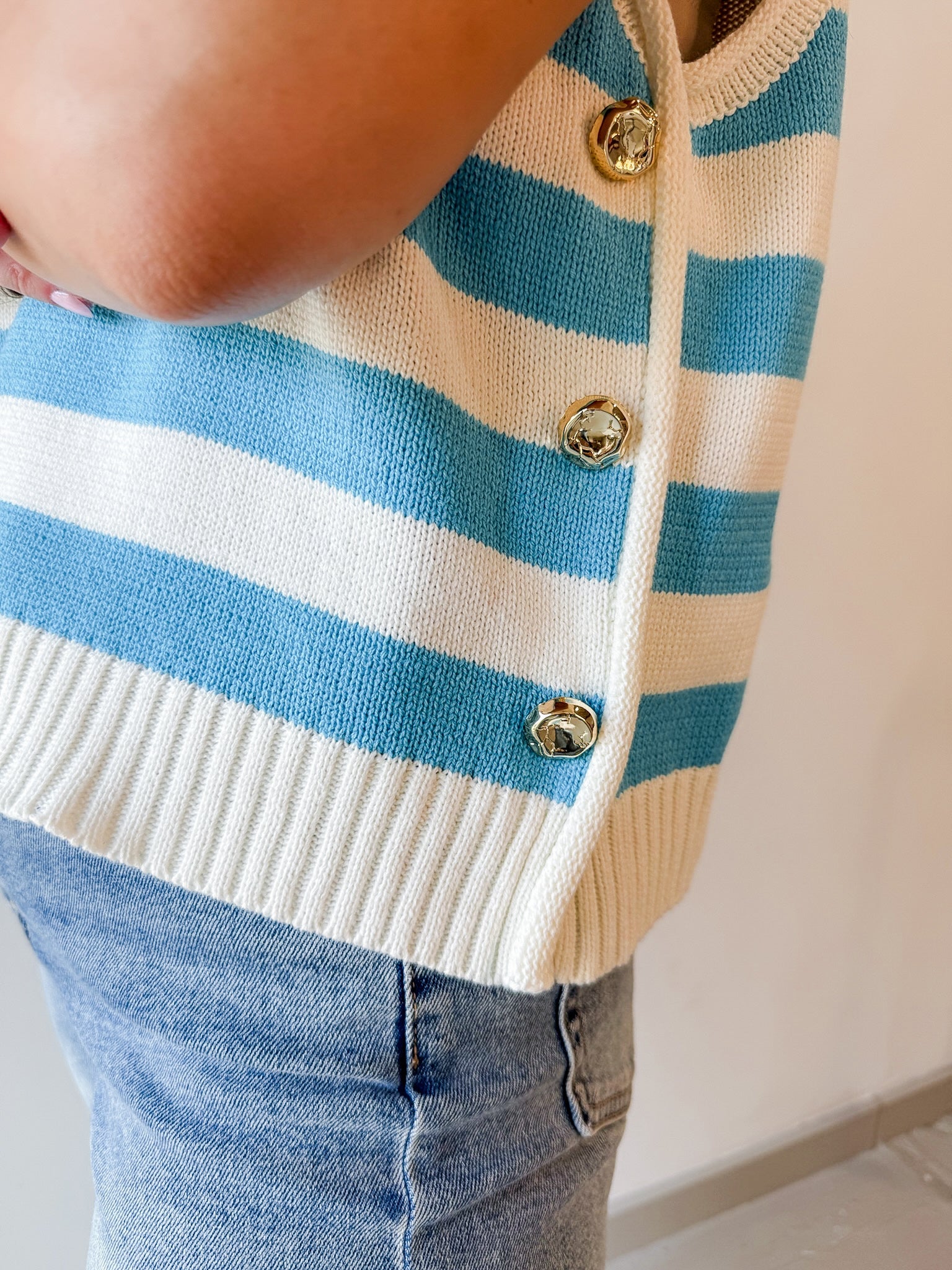 Stripe Knit Accent Gold Button Top - Aqua