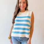 Stripe Knit Accent Gold Button Top - Aqua