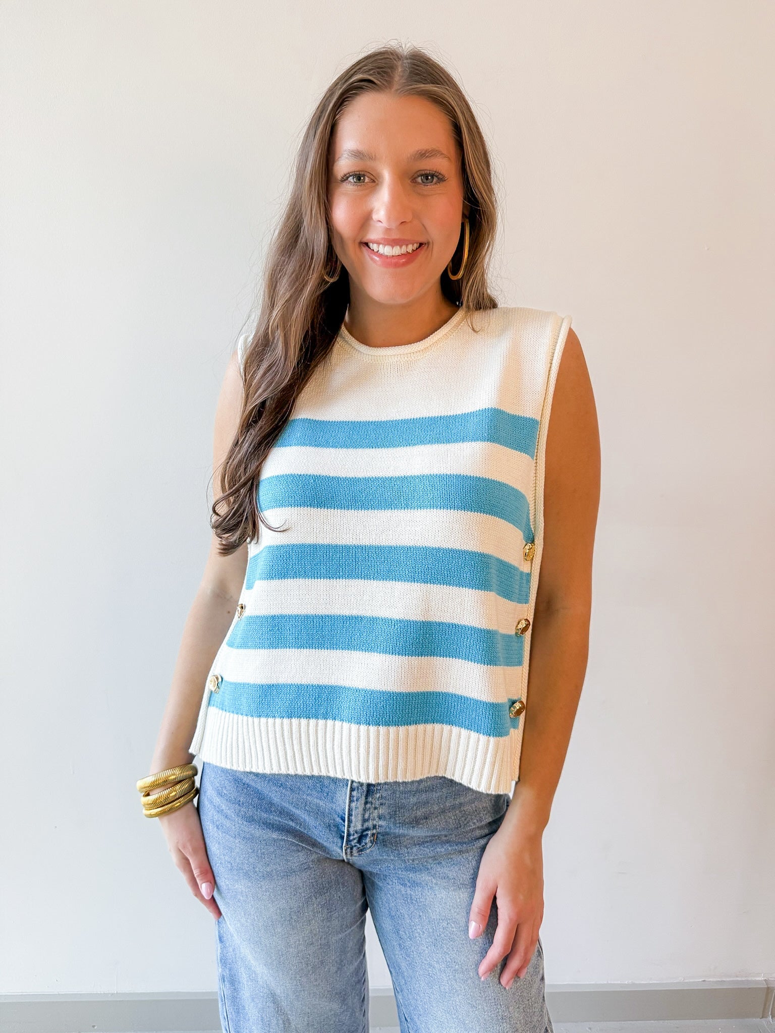 Stripe Knit Accent Gold Button Top - Aqua