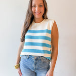 Stripe Knit Accent Gold Button Top - Aqua