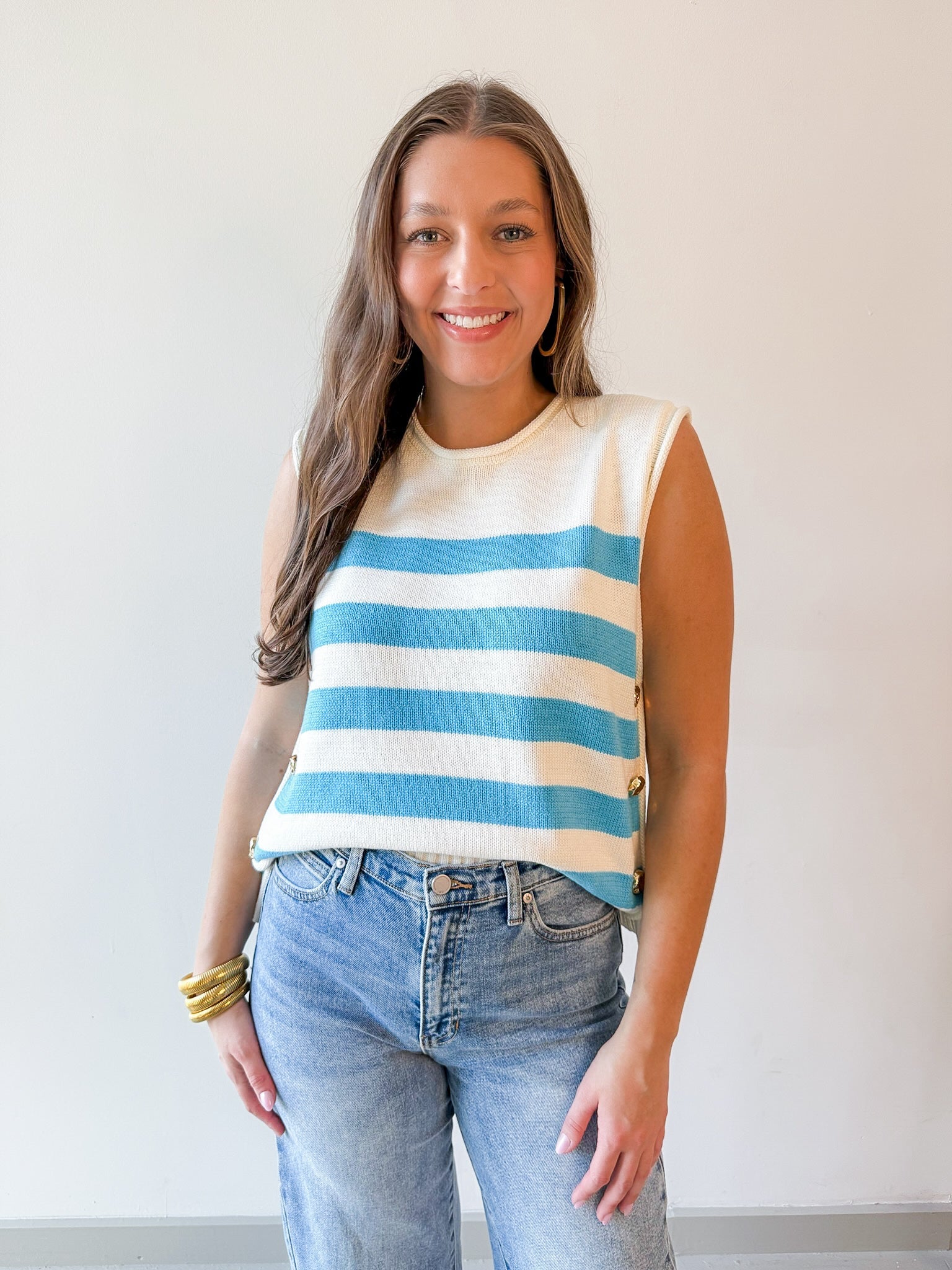 Stripe Knit Accent Gold Button Top - Aqua