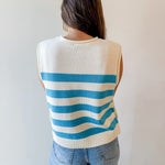 Stripe Knit Accent Gold Button Top - Aqua