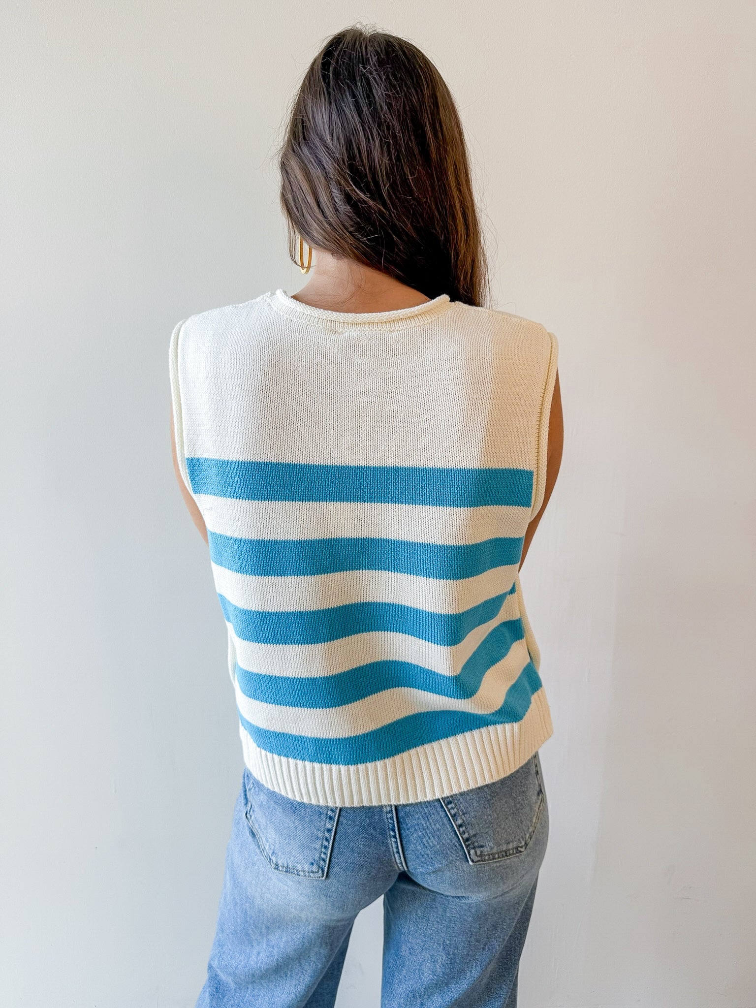 Stripe Knit Accent Gold Button Top - Aqua
