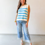 Stripe Knit Accent Gold Button Top - Aqua