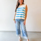 Stripe Knit Accent Gold Button Top - Aqua
