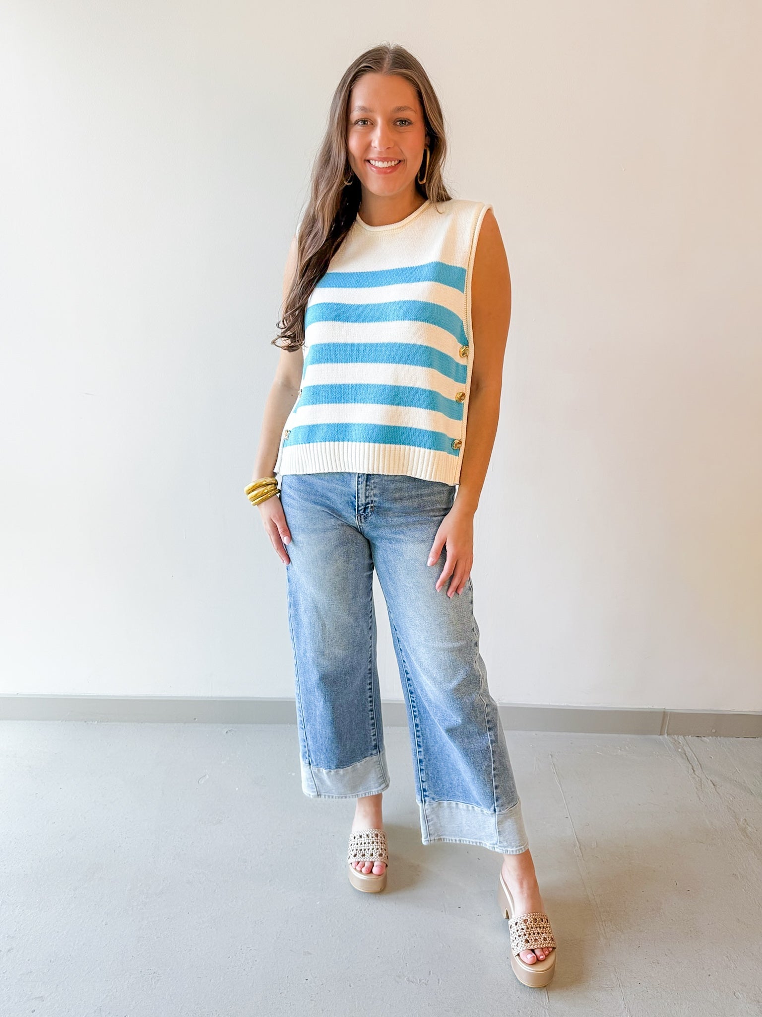 Stripe Knit Accent Gold Button Top - Aqua