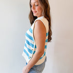 Stripe Knit Accent Gold Button Top - Aqua