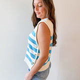 Stripe Knit Accent Gold Button Top - Aqua