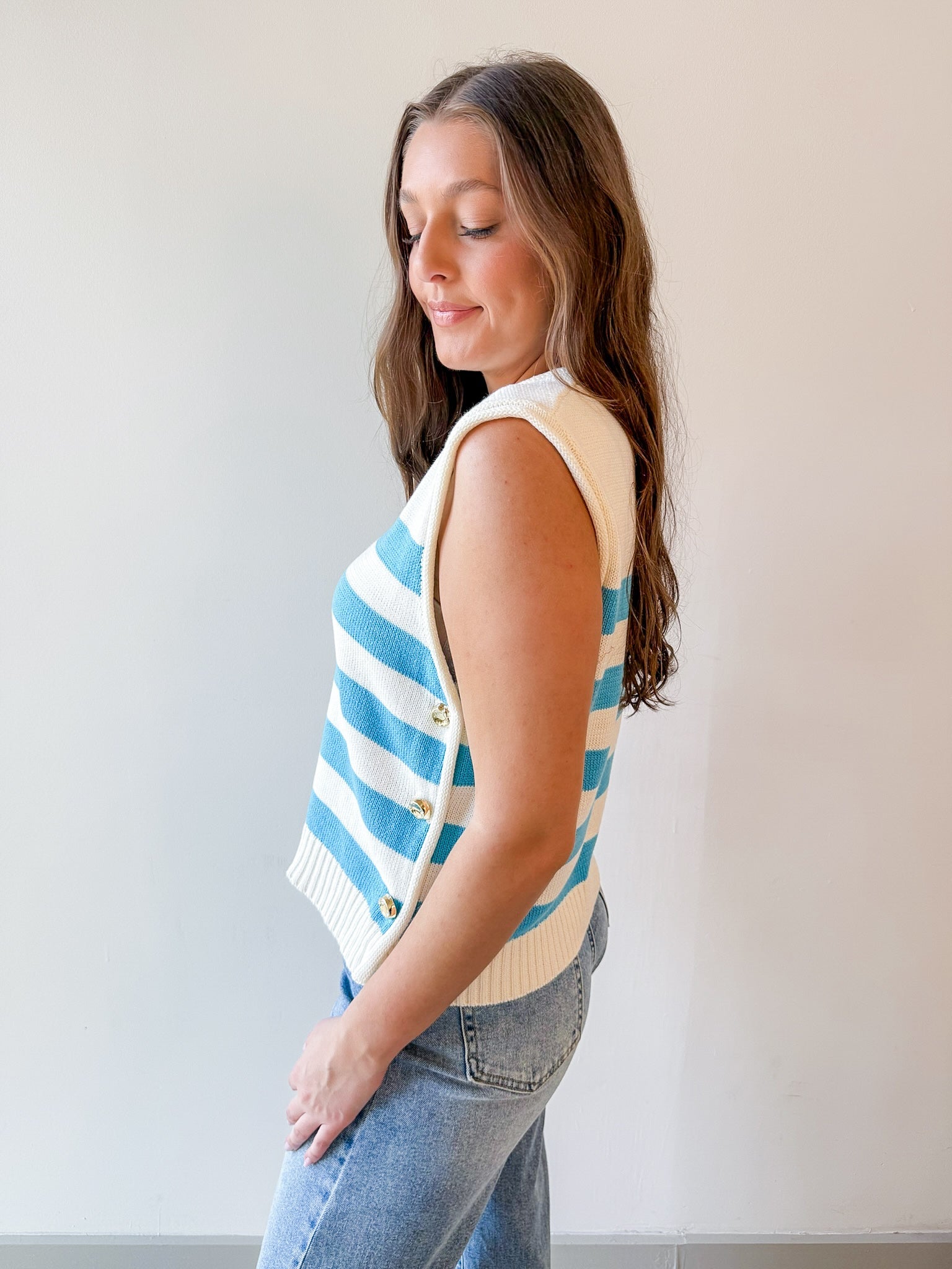 Stripe Knit Accent Gold Button Top - Aqua