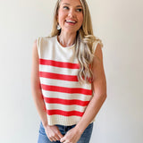 Stripe Knit Accent Gold Button Top - Orange