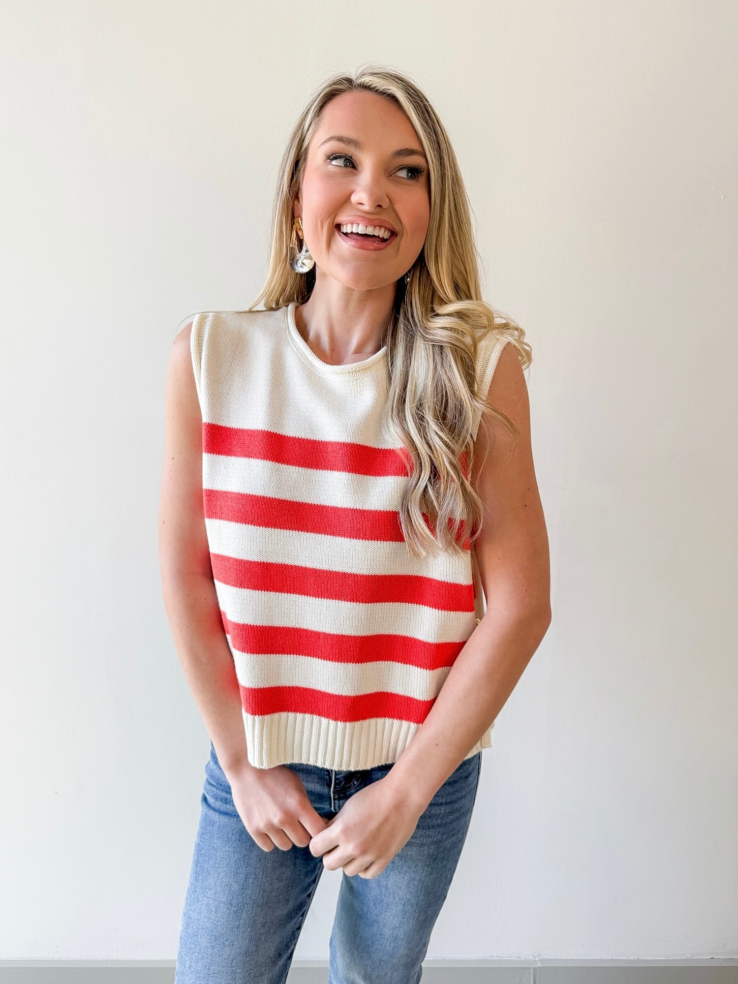 Stripe Knit Accent Gold Button Top - Orange