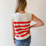Stripe Knit Accent Gold Button Top - Orange