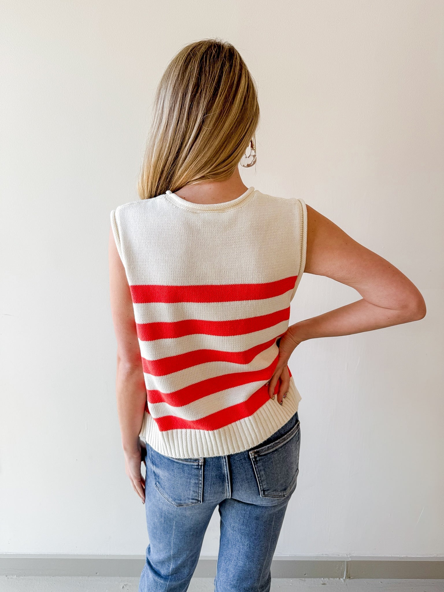 Stripe Knit Accent Gold Button Top - Orange