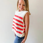 Stripe Knit Accent Gold Button Top - Orange