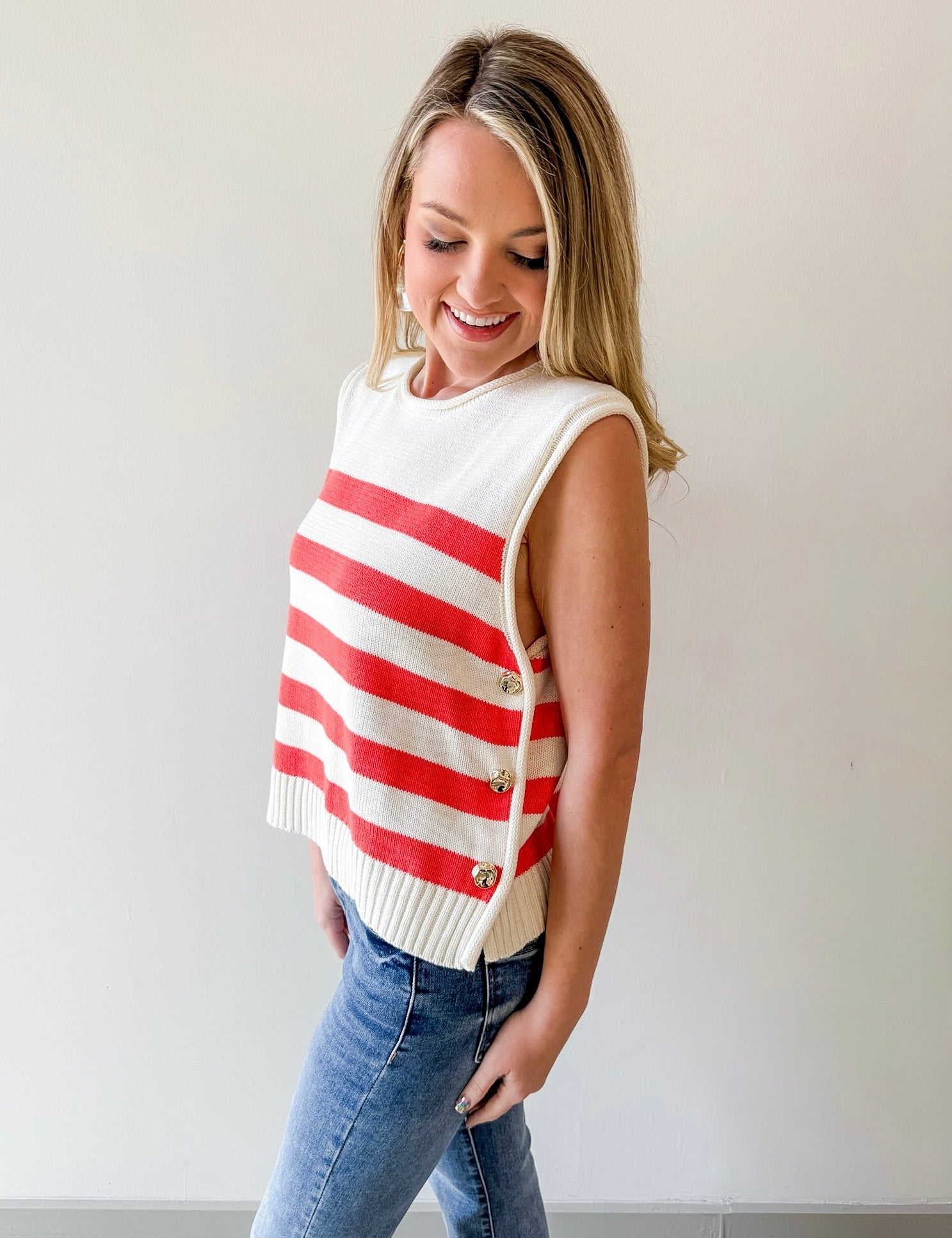 Stripe Knit Accent Gold Button Top - Orange