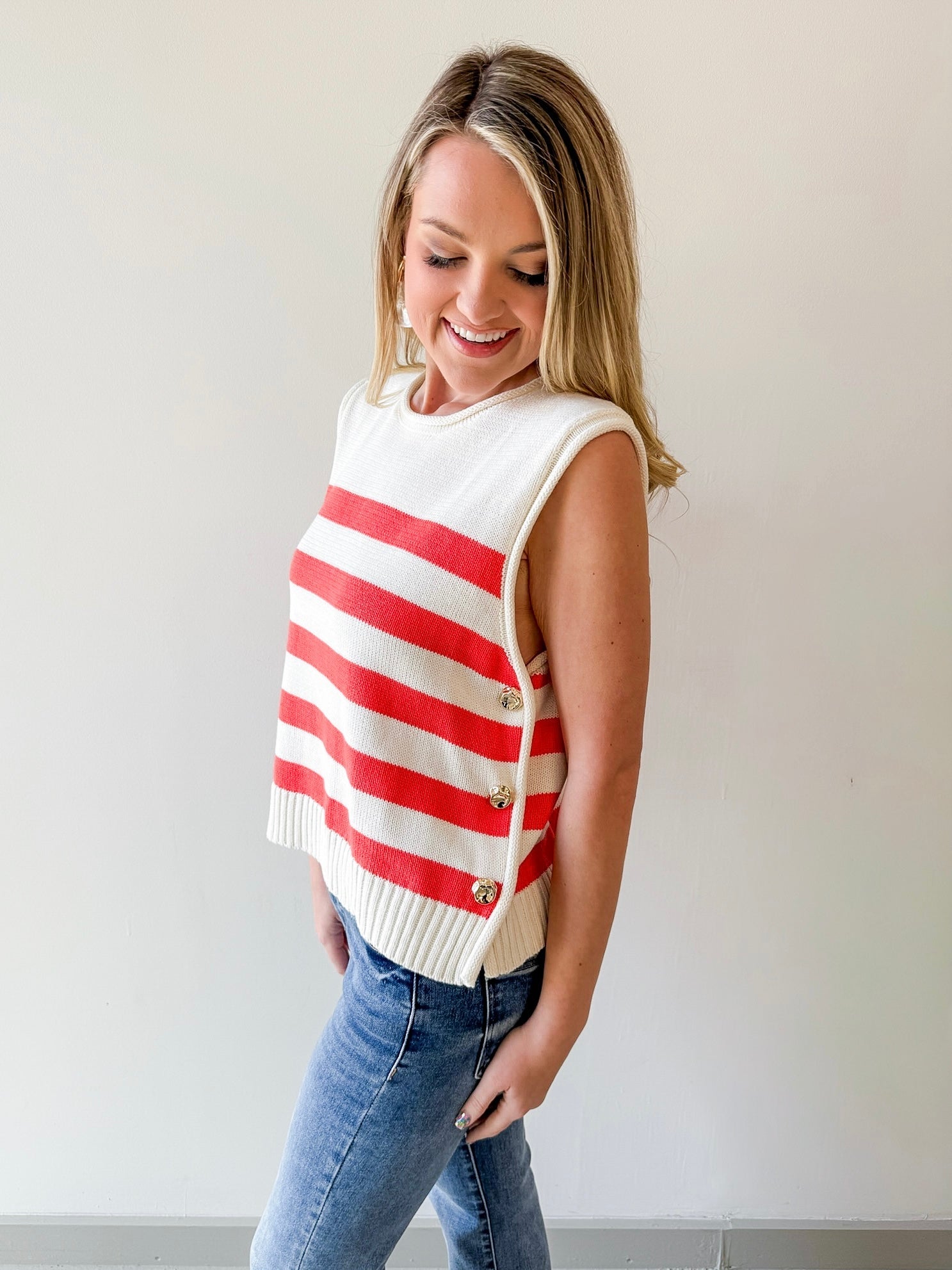 Stripe Knit Accent Gold Button Top - Orange