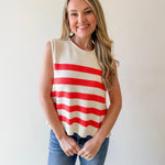 Stripe Knit Accent Gold Button Top - Orange