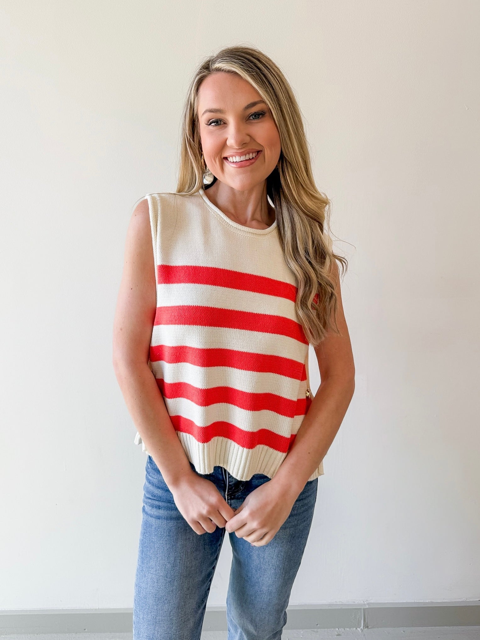 Stripe Knit Accent Gold Button Top - Orange