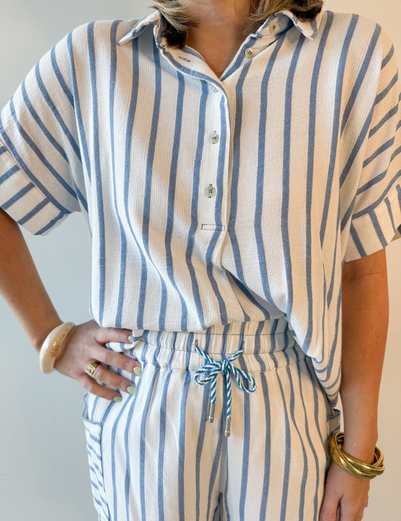 Stripe Linen Shirt & short Set - Blue
